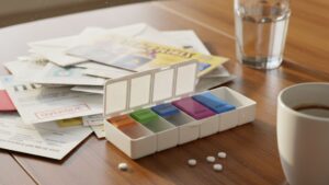 A forgotten weekly pill case, partially covered by a stack of mail and bills, sits on a wooden kitchen table