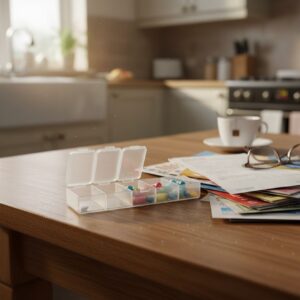 A forgotten weekly pill case, partially covered by a stack of mail and bills, sits on a wooden kitchen table next to a glass of water and an empty coffee cup.