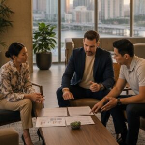 Business partners discussing commercial loan documents on a table.