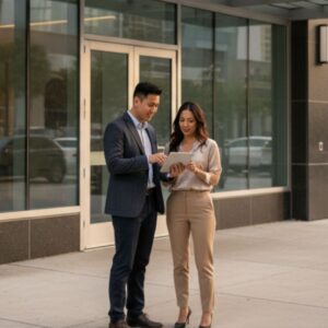 Property manager and worker reviewing tasks outside a large modern apartment building.