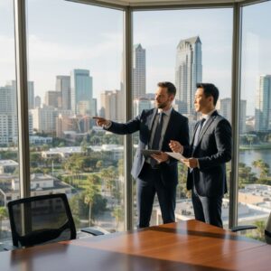 Professionals analyzing investment strategy overlooking a modern city.