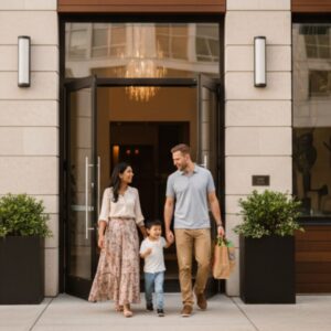 a family leaves the front doors of a large modern apartment building
