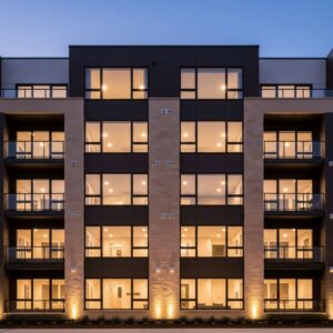 The facade of a modern apartment building with illuminated windows and exterior lighting at dusk.