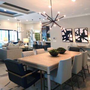 perfectly staged, high-end, contemporary open-concept kitchen and living room