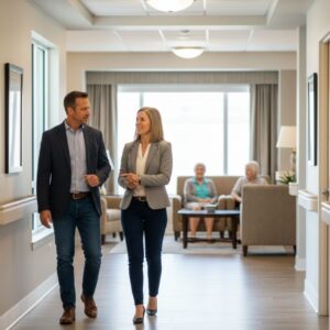 An investor and an assisted living manager walking and conversing in a bright, modern hallway of a senior residence.