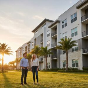 Two casually dressed real estate developers standing on a lush green lawn, looking up and smiling at a modern, multi-story apartment building during sunset in Tampa.