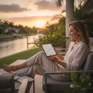 A smiling woman sitting comfortably on a modern outdoor patio at sunset, looking at a green upward-trending growth chart on her digital tablet with a serene waterfront in the background.