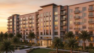 A large, modern multi-story apartment complex at sunset with warm light reflecting off the windows, featuring manicured green lawns and several palm trees in the foreground.