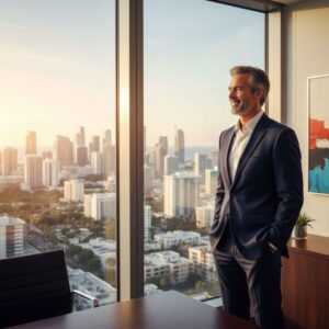 A confident, middle-aged businessman in a navy suit standing in a high-rise office, looking out of a large floor-to-ceiling window at a vast city skyline during sunset.