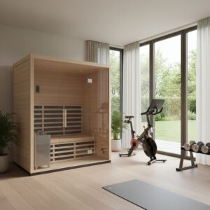 Minimalist luxury home wellness suite including a private infrared sauna and exercise space
