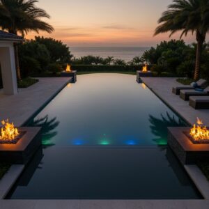 Luxury infinity-edge saltwater pool with integrated fire features and elegant evening lighting.