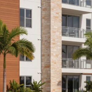 Close-up architectural detail of a high-end multifamily building with modern finishes