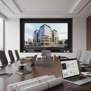 Professional real estate investment strategy setting with data charts and architectural blueprints.
