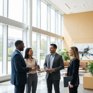 A professional investors group collaborating in a modern, high-end office lobby.