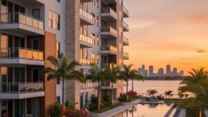 A modern luxury multifamily apartment complex in Tampa, Florida, featuring contemporary architecture and lush landscaping.