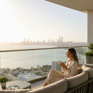 A person enjoying the freedom of passive income on a luxury balcony overlooking a scenic view.